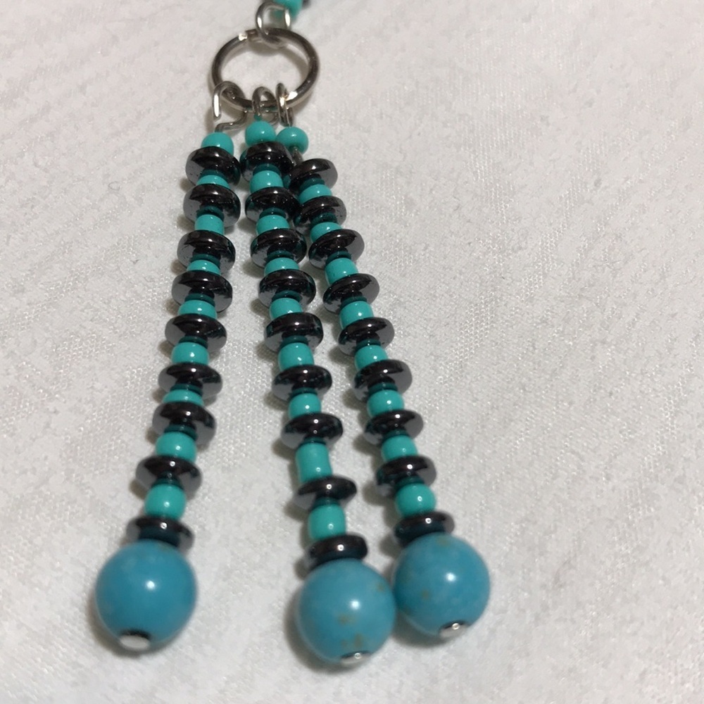 Metal Shepherds Hook Bkmk w/Chain & Turq Magnesite Gemstone,Glass, & Metal Beads - Picture 4 of 10